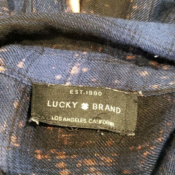 Lucky Sz L Blue Black Plaid Upcycled Drip Bleached 3/4 Button Blouse Very Soft! - Picture 7 of 9